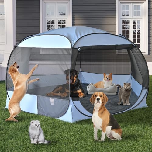 XXLarge Pop-Up-Hunde-Laufgitter, 3 x 12 cm, Katzenlaufstall, Keine Montage erforderlich, Pavillon-Stil, tragbarer Haustier-Sonnenschutz, perfekt für Reisen, Camping, Anti-Insekten mit auslaufsicherem von EighteenTek