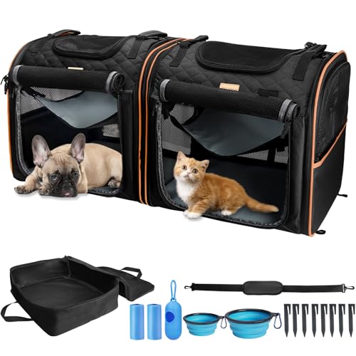 Tragbares 2-in-1-Paar-Fach Display Home Cat Carrier/Dog Apartment – geeignet für kleine Hunde Zuhause und Katze, Reise-Set enthält tragbare Tragetasche/Hängematte/Matte/Zeltpfosten/2 Haustiernäpfe/2 von Eilqnaav