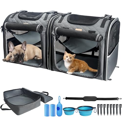 Tragbares 2-in-1-Paar-Fach Display Home Cat Carrier/Dog Apartment – geeignet für kleine Hunde Zuhause und Katze, Reise-Set enthält tragbare Tragetasche/Hängematte/Matte/Zeltpfosten/2 Haustiernäpfe/2 von Eilqnaav