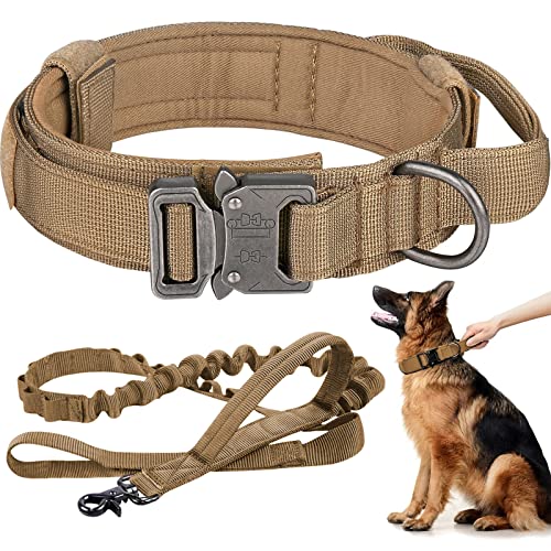 Taktisches Hundehalsband und Leine, Set, verstellbar, Nylon, Militär-Hundehalsband mit Kontrollgriff, robuste Metallschnalle und Bungee-Leine für Hundetraining (groß, Khaki) von Eitchen