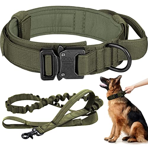 Taktisches Hundehalsband und Leine, verstellbar, Nylon, Militär-Hundehalsband mit Kontrollgriff, robuste Metallschnalle und Bungee-Leine für Hundetraining (Medium, Armeegrün) von Eitchen