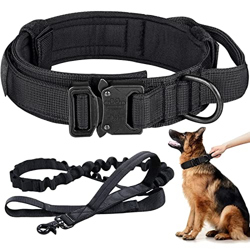 Taktisches Hundehalsband und Leine, verstellbar, Nylon, Militär-Hundehalsband mit Kontrollgriff, robuste Metallschnalle und Bungee-Leine für Hundetraining (Medium, Schwarz) von Eitchen