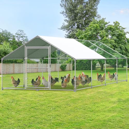 Eldzenith Hühnerstall, XXL 24 m² Lauffläche, Bieten Ihre Geflügel ein Sicheres & Komfortables Zuhause im Freien, Freilaufgehege mit Sonnendach & PVC Gitter, Tür mit Verriegelung, aus Stahl （8 x 3 x 2m von Eldzenith