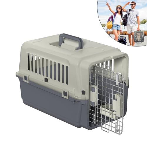 Eldzenith Katzentransportbox, Transportbox Hund mit Sicherheitsverriegelung und LüFtungsgitter, katzenbox für Flugreisen mit Urinbarriere Schalen FressnäPfe und Tragegriff(M, 60×39×39cm) von Eldzenith