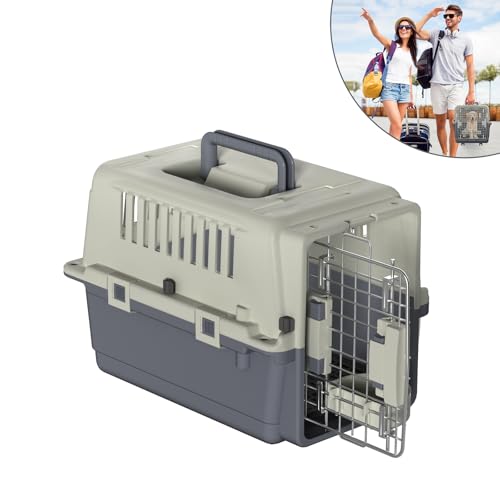 Eldzenith Katzentransportbox, Transportbox Hund mit Sicherheitsverriegelung und LüFtungsgitter, katzenbox für Flugreisen mit Urinbarriere Schalen FressnäPfe und Tragegriff(S, 50×33×33cm) von Eldzenith