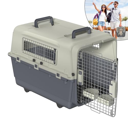 Eldzenith Katzentransportbox, Transportbox Hund mit Sicherheitsverriegelung und LüFtungsgitter, katzenbox für Flugreisen mit Urinbarriere Schalen FressnäPfe und Tragegriff(XL, 80.5×56.5×64.8cm) von Eldzenith