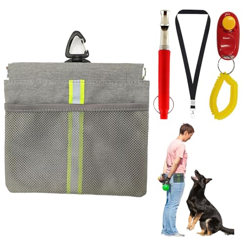 Elecpioneev Leckerli-Tasche für Hunde mit Hundepfeife, Hundeklicker für Training, Hundespaziergänge, große Kapazität, Hüfttasche, kann an Hundeleine aufgehängt werden, atmungsaktives Material, Grau von Elecpioneev