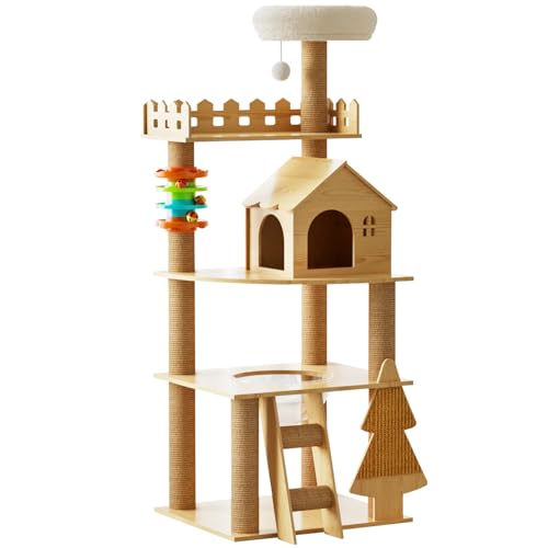 Elegaif Kratzbaum aus Holz, Turm für Indoor-Katzen, 154,2 cm, moderner Katzenturm mit Sisalüberzogenen Kratzbäumen und Sitzstange, Katzenhaus mit Acryl-Hängematte für kleine und große Katzen von Elegaif