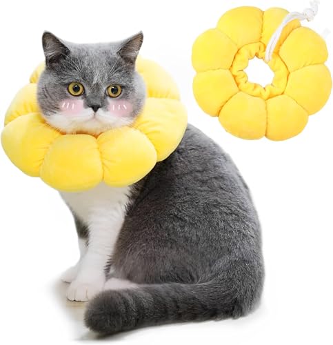 ElevaPulse Halskrause Katze, Einstellbarer Katzen Halskrause Katze Halsband Für Katzen Kleiner Hunde Nach Operation, Weich Sonnenblume Katze Wiederherstellung Halsband Mit Knöpfen(Hals: 12-20cm) von ElevaPulse