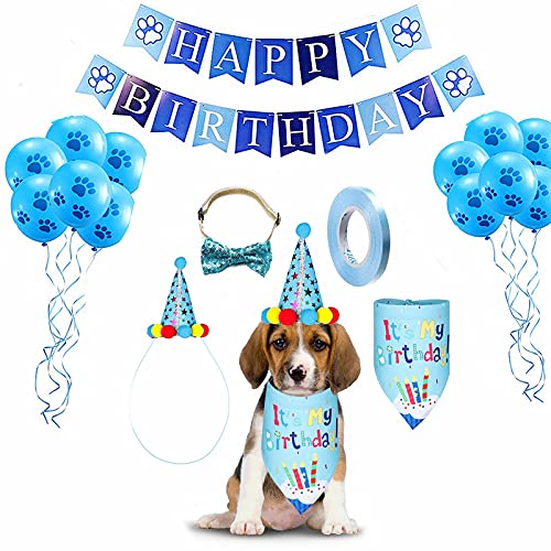 Geburtstagsparty für Hunde, Haustier Katze Hund Geburtstag Hut Bandana Schal Fliege Kragen Alles Gute zum Geburtstag Banner Pfotenabdruck Luftballons und 1 Rolle Band (Blau) von Elionless