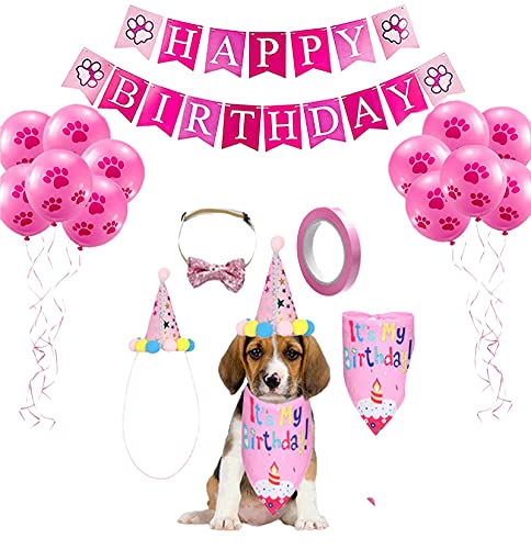 Geburtstagsparty für Hunde, Haustier Katze Hund Geburtstag Hut Bandana Schal Fliege Kragen Alles Gute zum Geburtstag Banner Pfotenabdruck Luftballons und 1 Rolle Band (Rosa) von Elionless