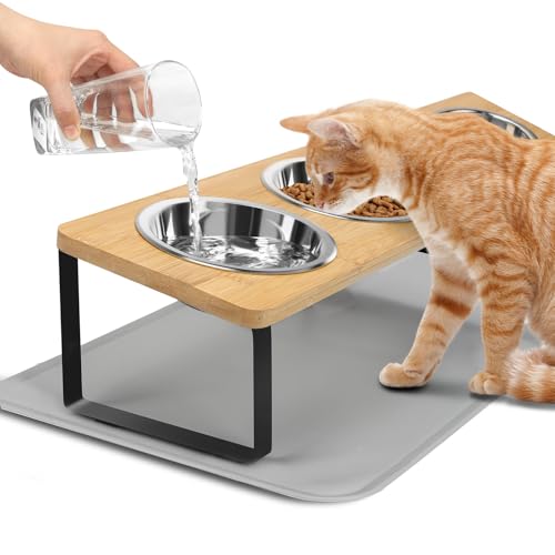 Katzennapf Erhöht, Futternapf Katze aus Edelstahl mit Napfunterlage Silikon, 15° Ergonomischer Futterstation Hundenapf, Fressnapf und Wassernapf für Katzen und Kleine Hunde von Elisabe