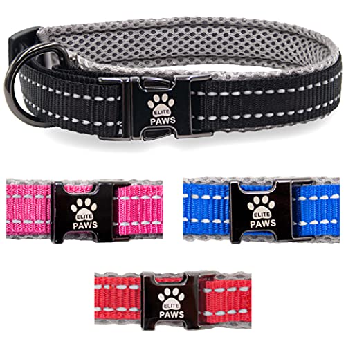 Elite Paws Premium Hundehalsband, haltbare schwarze Metallschnalle, starkes Nylon mit weichem, atmungsaktivem Mesh-Pad, reflektierende Nähte, kleine/mittel/große Hunde (25-30 cm, schwarz/grau) von Elite Paws