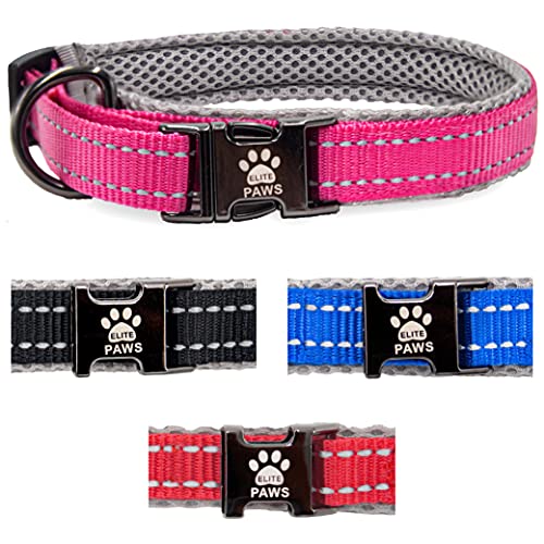 Elite Paws Premium Hundehalsband, haltbare schwarze Metallschnalle, starkes Nylon mit weichem, atmungsaktivem Mesh-Pad, reflektierende Nähte, kleine/mittel/große Hunde (35-40 cm, rosa/grau) von Elite Paws