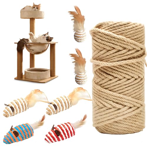 Sisalseil 6mm/50m für Katzenkratzbaum Ersatz, Natur Juteseil mit 2 Katzenspielzeug Sisalbälle/4 Sisalmäuse, Dickes Natürliches Hanfseil, Lange Kratzseil für DIY Verpackung/Pfotenballen/Garten von Elitecran