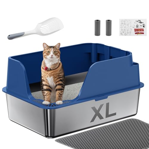 Katzentoilette aus Edelstahl, XL, extra große Katzentoilette für große Katzen, hochseitige Metall-Katzentoilette, auslaufsicher, geruchsfrei und leicht zu reinigen, inklusive Schaufel und Müllbeutel von Ellenpent