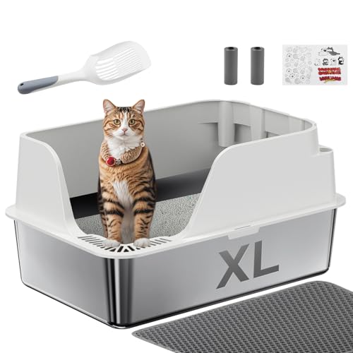 Katzentoilette aus Edelstahl, XL, extra große Katzentoilette für große Katzen, hochseitige Metall-Katzentoilette, auslaufsicher, geruchsfrei und leicht zu reinigen, inklusive Schaufel und Müllbeutel von Ellenpent