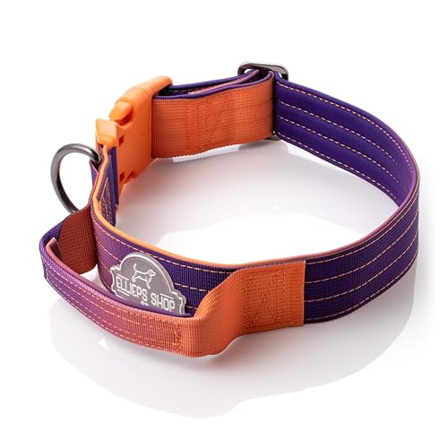 Ellieps Shop Taktisches Hundehalsband mit Kontrollgriff, verstellbar, strapazierfähig, Training und Spaziergang für mittelgroße und große Rassen, Orange / Violett, Größe L: 45,7 - 58,9 cm von Ellieps Shop