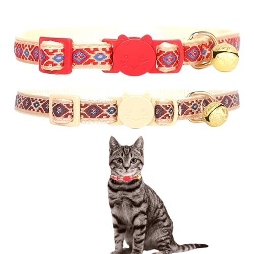 2-teiliges Katzenhalsband mit Glöckchen, verstellbar, 18–30 cm, Katzenhalsband, Schnellverschluss, exquisites Aussehen, Breakaway-Kätzchenhalsband, passend für alle Katzen (Rot, Beige) von Embhlitfe