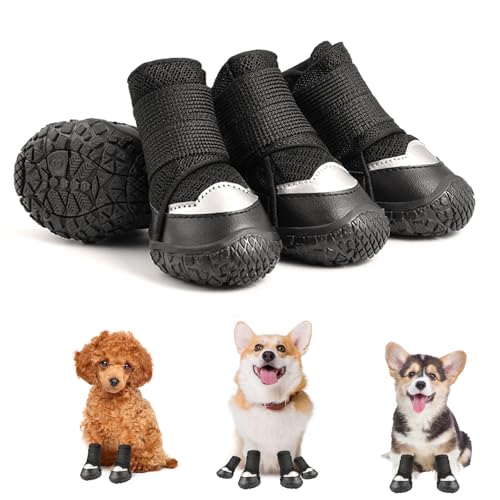 4 Stück Hundeschuhe Wasserdicht Schuhe Hundepfoten Schutz Atmungsaktiv hundeschuh mit Rutschfester Sohle Verstellbarem Dog Shoes für Kleine und Mittlere Hunde Sport im Freien (A) von Embhlitfe