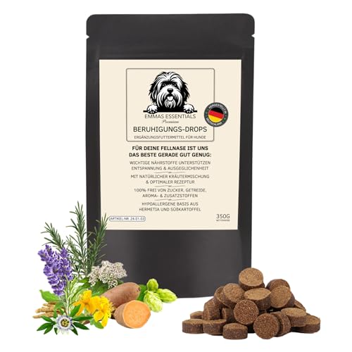 Hunde Beruhigungs-Snacks | mit Baldrian Johanneskraut Hopfen Ashwaganda Lavendel Passionsblumenkraut | 350g für bis zu 6 Monate | unterstützt Entspannung & Ausgeglichenheit von Emmas Essentials