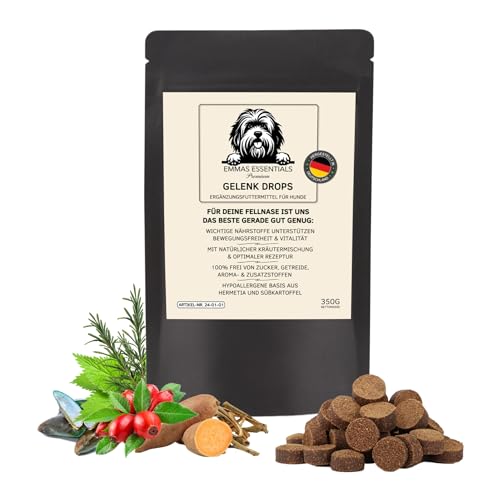 Hunde Gelenk-Snacks | mit Weidenrindenpulver Kurkuma MSM Brennnessel Grünlippmuschel | 350g für bis zu 6 Monate | unterstützt Beweglichkeit & Wohlbefinden | Gelenk Leckerli von Emmas Essentials