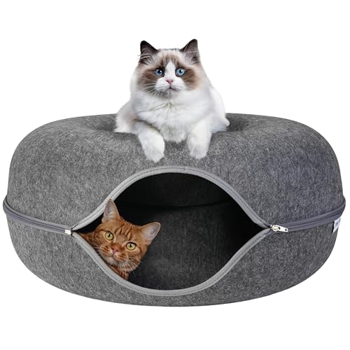 Premium Katzenhöhle für Katzen, multifunktionales Donut-Tunnelbett für Indoor-Katzen, runde Filz-Katzenhöhle mit Premium-Reißverschluss, abnehmbares Haustierbett für Katzen bis zu 11,3 kg (61 x 61 x von Emory Lane