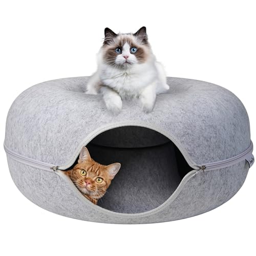 Premium-Katzenhöhle für Katzen, multifunktionales Donut-Tunnelbett für Indoor-Katzen, runde Filz-Katzenhöhle mit Premium-Reißverschluss, abnehmbares Haustierbett für Katzen bis zu 11,3 kg (61 x 61 x von Emory Lane