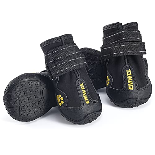 Emwel Hundestiefel Größe 2 (5,5 x 5 cm) (B x L) wasserdichte Stiefel für Hunde, Hundeschuhe mit Anti-Rutsch-Sohle reflektierende Riemen, Outdoor-Hundeschuhe für mittelgroße große Hunde (Schwarz 4 Stück) von Emwel