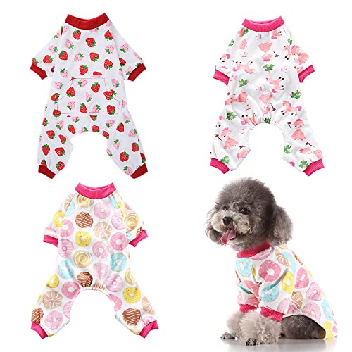 Enipoly Haustier-Pyjama für kleine Hunde und Katzen, Einteiliges Baumwoll-Jersey-Hemd gemütlicher Einteiler Jumpsuit Mantel (3er Pack), Erdbeere| Donut| Einhorn, X-Small von Enipoly