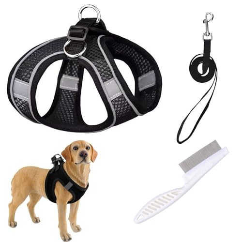 EnixwH Hundegeschirr Kleine Hunde, Reflektierendes Hundegeschirre, Verstellbare, Weich Gepolsterte Haustierweste mit Leine und Flohkamm, Air Mesh Brustgeschirr für Welpen Kleine Hunde, Schwarz, S von EnixwH