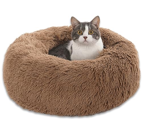 Enjamoy Hundebett Flauschig Donut Plüsch Katzenbett Hundekissen, Waschbar Rund Hundebetten für Kleine, Mittelgroße Hunde Katzen, Braun 50cm von Enjamoy