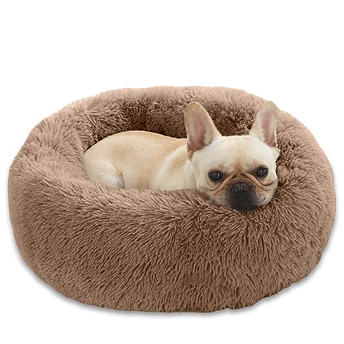 Enjamoy Hundebett Flauschig Donut Plüsch Katzenbett Hundekissen, Waschbar Rund Hundebetten für Kleine, Mittelgroße Hunde Katzen, Braun 58cm von Enjamoy