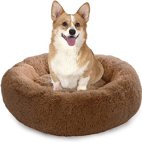 Enjamoy Hundebett Flauschig Donut Plüsch Katzenbett Hundekissen, Waschbar Rund Hundebetten für Kleine, Mittelgroße Hunde Katzen, Braun 70cm von Enjamoy