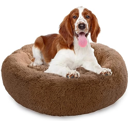 Enjamoy Hundebett Flauschig Donut Plüsch Katzenbett Hundekissen, Waschbar Rund Hundebetten für Kleine, Mittelgroße Hunde Katzen, Braun 80cm von Enjamoy