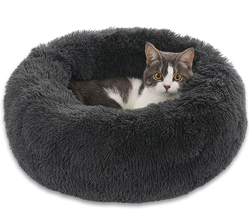 Enjamoy Hundebett Flauschig Donut Plüsch Katzenbett Hundekissen, Waschbar Rund Hundebetten für Kleine, Mittelgroße Hunde Katzen, Dunkelgrau 50cm von Enjamoy