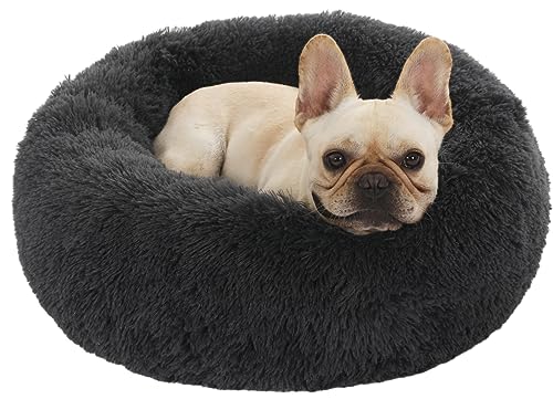 Enjamoy Hundebett Flauschig Donut Plüsch Katzenbett Hundekissen, Waschbar Rund Hundebetten für Kleine, Mittelgroße Hunde Katzen, Dunkelgrau 58cm von Enjamoy