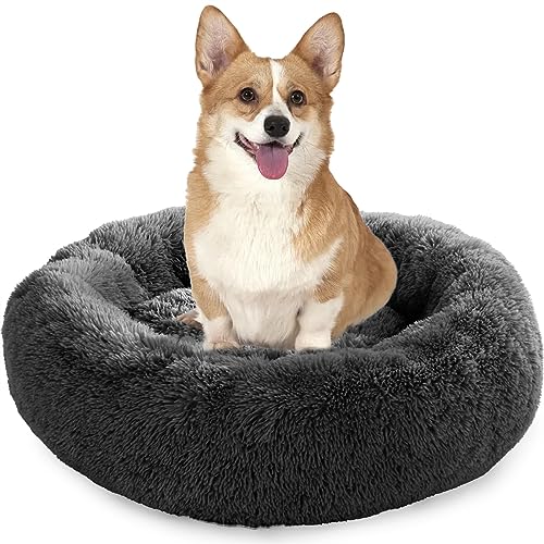 Enjamoy Hundebett Flauschig Donut Plüsch Katzenbett Hundekissen, Waschbar Rund Hundebetten für Kleine, Mittelgroße Hunde Katzen, Dunkelgrau 70cm von Enjamoy