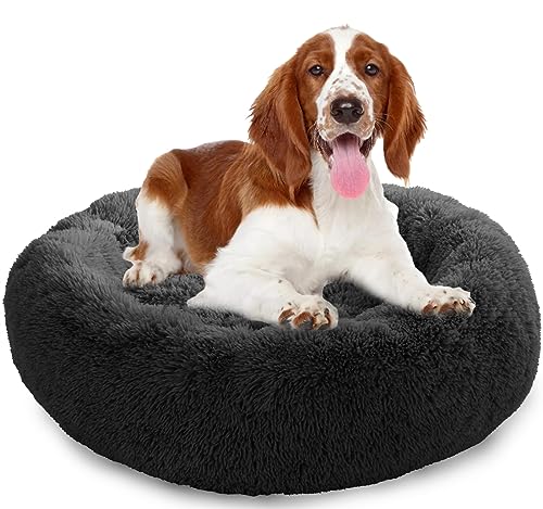 Enjamoy Hundebett Flauschig Donut Plüsch Katzenbett Hundekissen, Waschbar Rund Hundebetten für Kleine, Mittelgroße Hunde Katzen, Dunkelgrau 80cm von Enjamoy