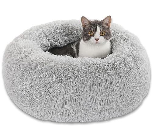 Enjamoy Hundebett Flauschig Donut Plüsch Katzenbett Hundekissen, Waschbar Rund Hundebetten für Kleine, Mittelgroße Hunde Katzen, Hellgrau 50cm von Enjamoy