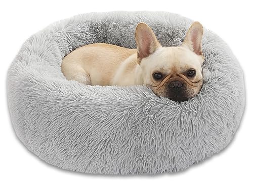 Enjamoy Hundebett Flauschig Donut Plüsch Katzenbett Hundekissen, Waschbar Rund Hundebetten für Kleine, Mittelgroße Hunde Katzen, Hellgrau 58cm von Enjamoy