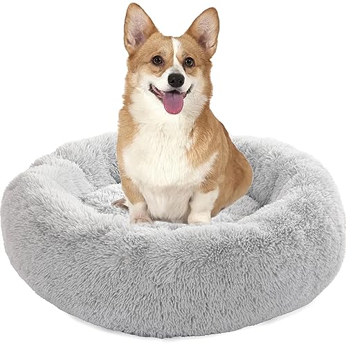 Enjamoy Hundebett Flauschig Donut Plüsch Katzenbett Hundekissen, Waschbar Rund Hundebetten für Kleine, Mittelgroße Hunde Katzen, Hellgrau 70cm von Enjamoy