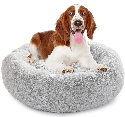 Enjamoy Hundebett Flauschig Donut Plüsch Katzenbett Hundekissen, Waschbar Rund Hundebetten für Kleine, Mittelgroße Hunde Katzen, Hellgrau 80cm von Enjamoy