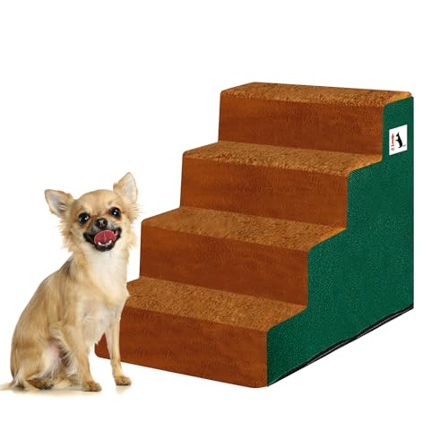 Enjoying Hundetreppe für Kleine Hunde, 4 Stufen Haustiertreppe Geeignet für Kleine Hunde mit Kurzen Beinen, Katzen, Selbstmontage, Waschbarer Stoffbezug, Braun/Grün von Enjoying