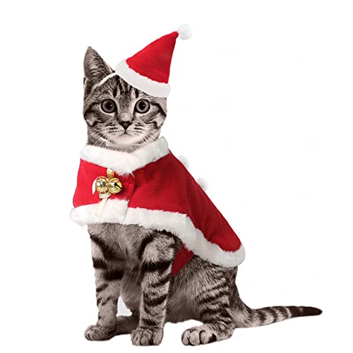 Enjoying Weihnachtskatzenkostüm Katze Santa Hut mit Weihnachtsumhang Kätzchen Kostüme Hunde Xmas Outfit mit 2 Glöckchen und Haarbällen von Enjoying