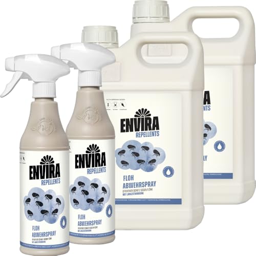 Envira Floh Abwehrspray 2 x 500 ml + 2 x 5 Liter - Spray mit Langzeitwirkung gegen Flöhe, Katzenfloh, Hundefloh - Mittel gegen Flöhe für Wohnung & Möbel - Effektives Flohmittel & Flohschutz von Envira