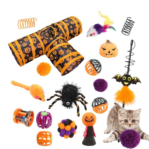 Eoixuqba Interaktives Katzenspielzeug-Set, 3-Kanal-Katzenspielzeug-Set - Halloween 3-Wege-Kanaltunnel,Katzenschlafspielzeugkanal mit Glockenball für Kätzchen, Katzen, Haustiere, Kaninchen von Eoixuqba