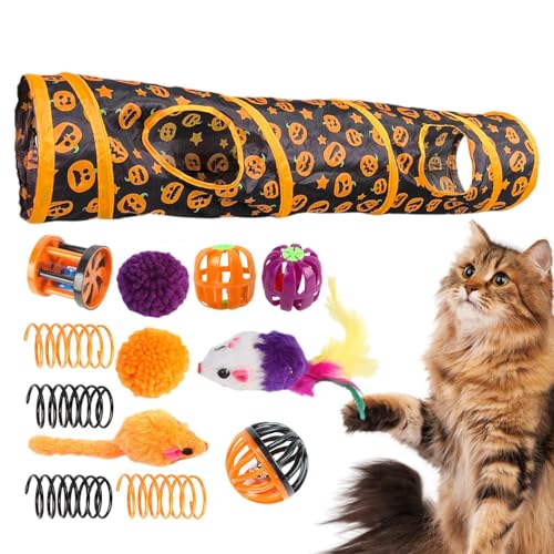 Eoixuqba Katzentunnel mit Spielzeug,Katzenspieltunnel - Zusammenklappbare Halloween-Katzenröhren mit Katzenspielzeug | Interaktives Spielzeug mit Kürbismuster für gelangweilte Katzen und Kleintiere von Eoixuqba