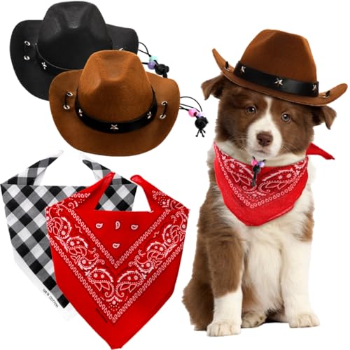 Eorbow 2-teiliges Cowboy-Kostüm-Zubehör-Set, 2-teiliges Cowboyhut und 2 x Bandana-Schal, Welpen, Kätzchen, Halloween, Weihnachtskostüm, West-Cowboy-Zubehör, Party, Cosplay, für Katzen und kleine Hunde von Eorbow