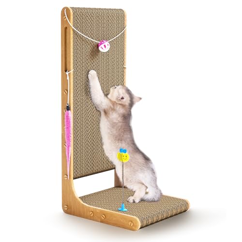 Kratzbrett Katzen, 75cm hohe L förmige Kratzpappe für Katzen, Katze Kratzer Pad für Indoor Katzen, Schutz Möbel Katze Kratzer Pad, Katzenkratzbrett mit Ballspielzeug, Katzenminze, X-Large von Eosarcu